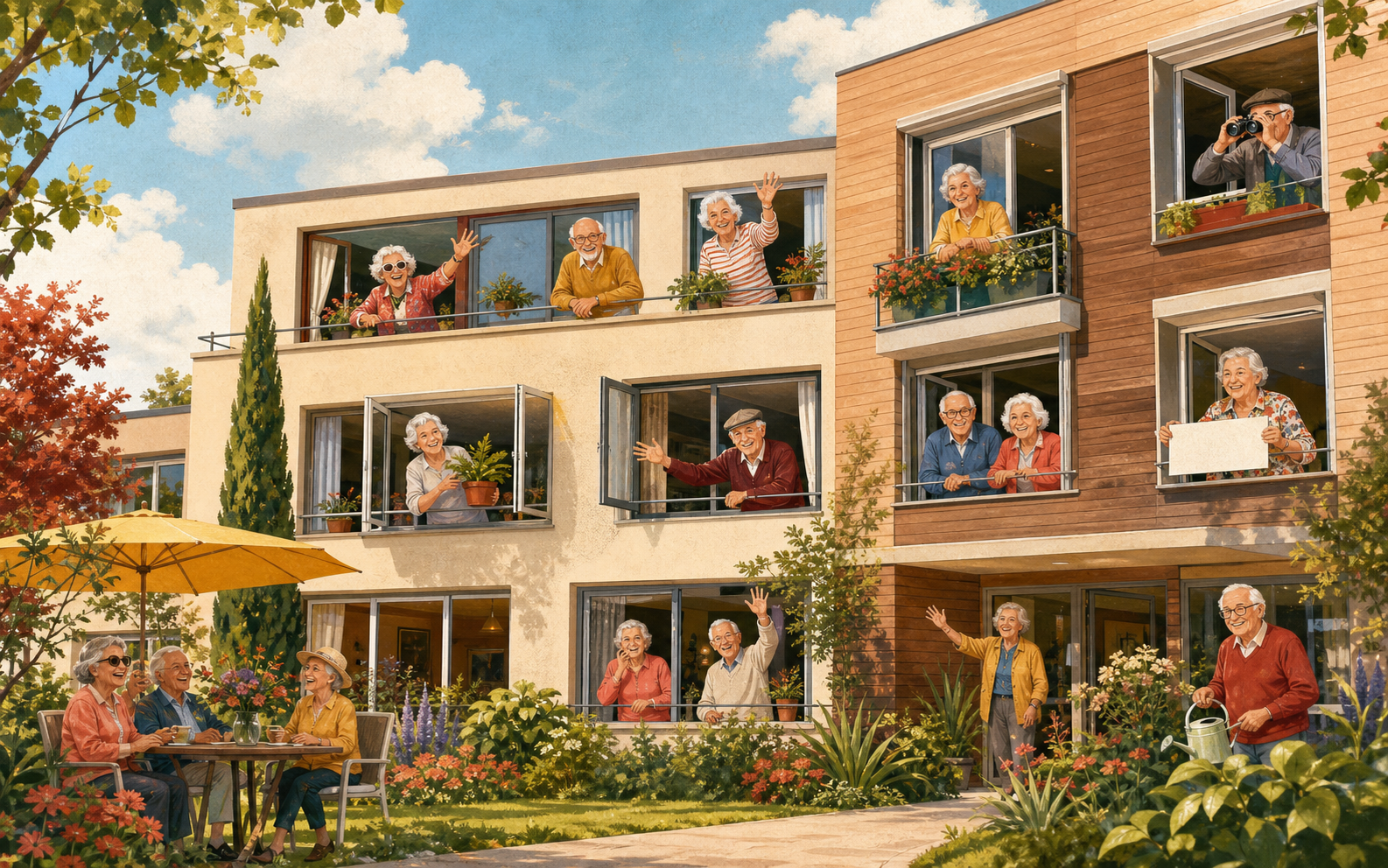 Un EHPAD moderne et fleuri, avec de nombreux résidents souriants qui saluent depuis les fenêtres
