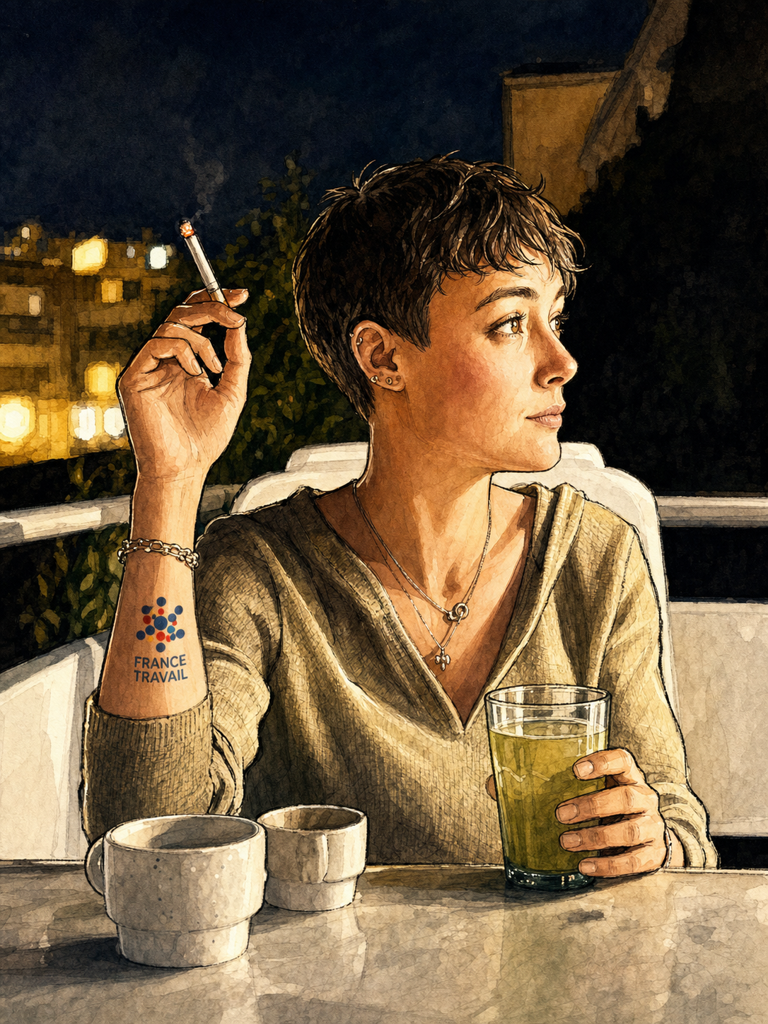 Portrait illustré de Léa assise à une table le soir, cigarette à la main, avec un tatouage France Travail sur le bras